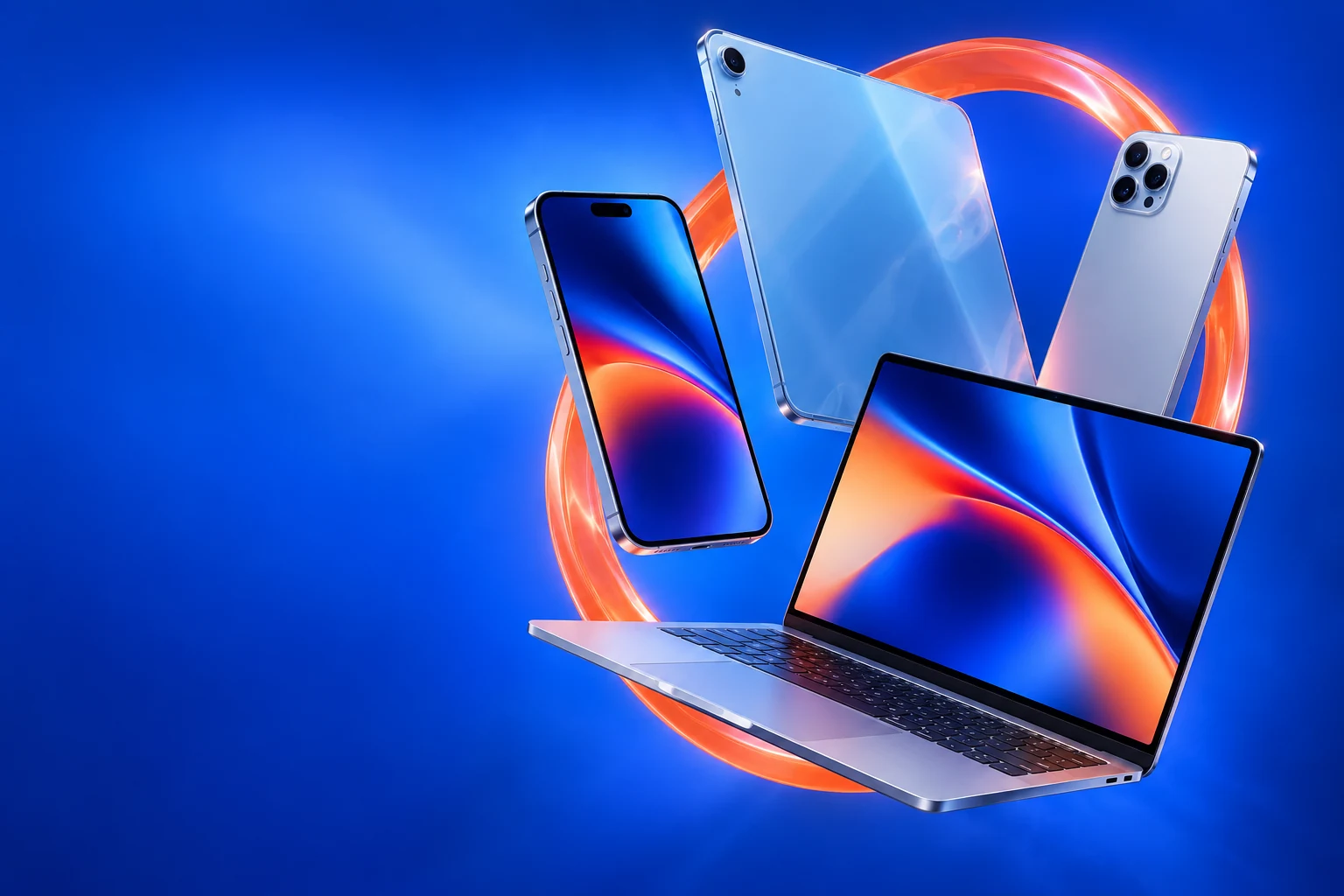 Floating smartphones, tablet and laptop framed by a coral ring in an electric blue device lab